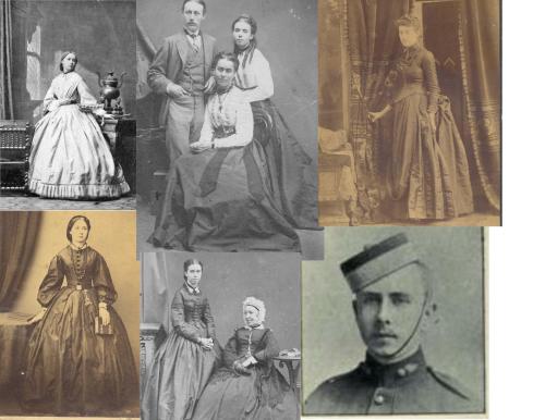 Bertha`s siblings, clockwise from bottom left: sister Harriet Worrall Gray (later married Henry Stokes) in 1864; another of Harriet in Aldershot, England, where she was caregiver for her aged Pennefather grandparents; front, sister Margaret Gray (Lord), standing Florence Gray (Poole) with cousin Edward Jarvis at left, 1868; sister Mary "Mim" Gray (Abbott); stepbrother Arthur Cavendish Hamilton Gray, when serving as a lieutenant with the New Brunswick regiment in the Boer War; and sister Florence with grandmother Lady Pennefather. (McBride Collection)