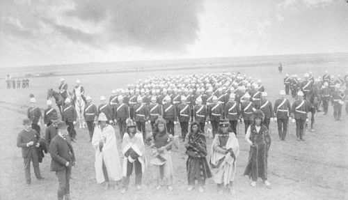 Dewdney, Chief Piapot and his warriors, and the Montreal Garrison Artillery, Regina, Saskatchewan, 1885